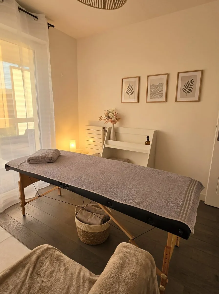 La salle de soin du Studio des Naïades à Boulogne-Billancourt dans une ambiance tamisée, bougie allumée et table de massage préparée